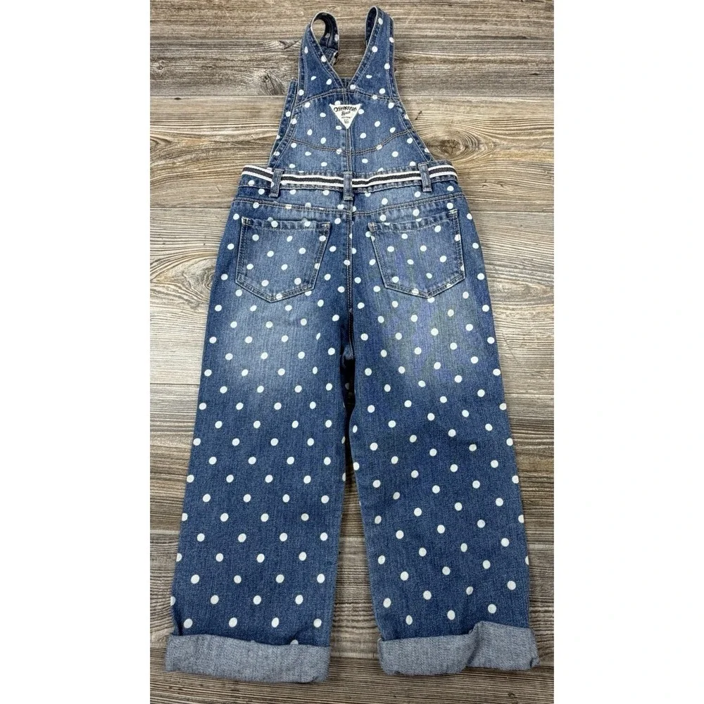 Oshkosh B'Gosh Denim Blue White Polka Dot Overalls Girls 4T Vestpak One-Piece